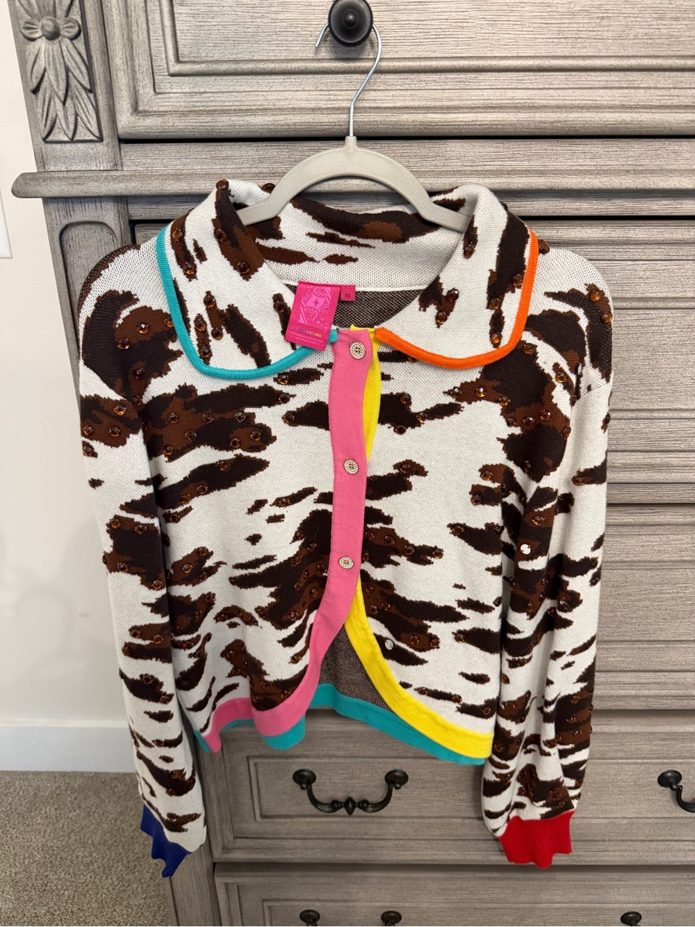 QUEEN OF SPARKLES White and Brown Cow Print Cardigan with Multicolor Trim